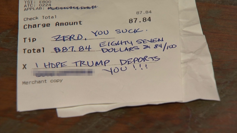 Hateful message left on Ohio restaurant receipt results in outpouring of support, staff says
