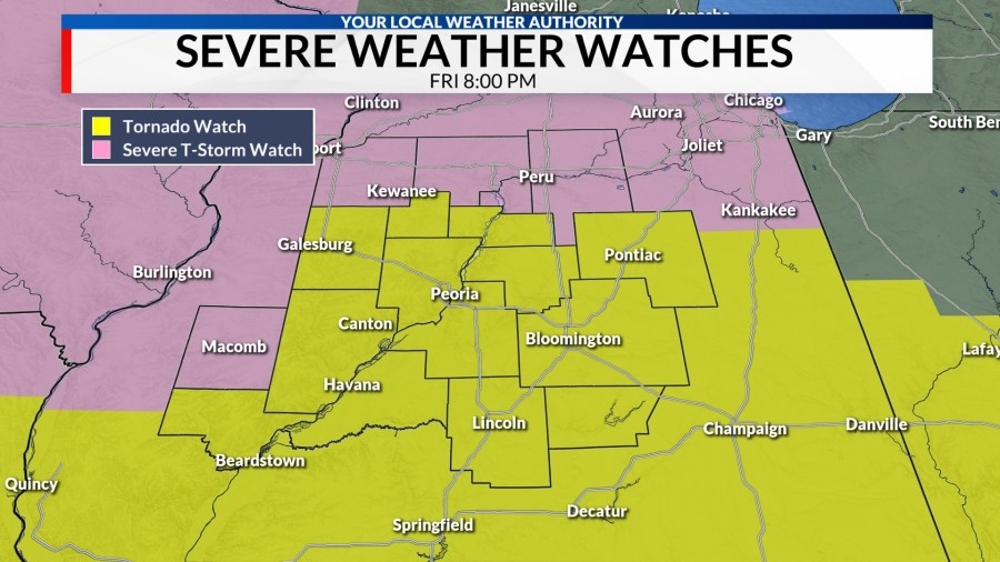 Severe Thunderstorm Watches and Tornado Watches have been issued for Central Illinois through 3 a.m. Saturday