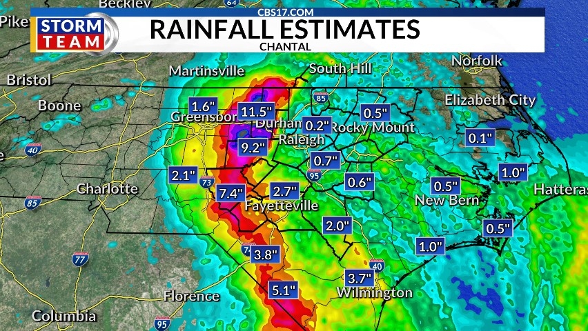 North Carolina rainfall totals from Chantal with data from 50+ sites