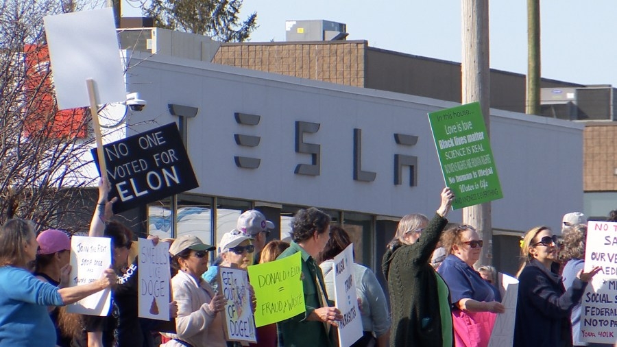 Fayetteville Tesla protest against Elon Musk draw in hundreds