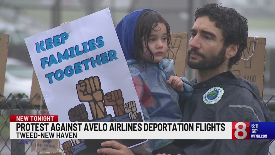 Protesters gather at Tweed to protest Avelo deportation flights