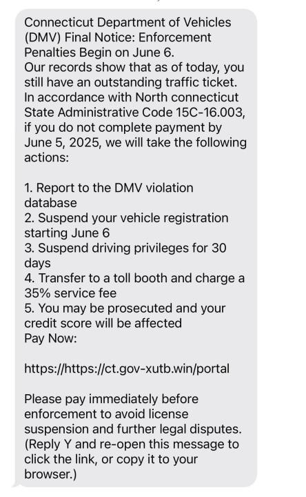 Police warning Connecticut residents of scam text message claiming to be DMV