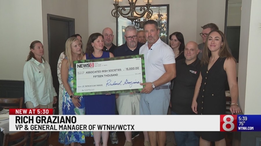 News 8 presents Greater New Haven St. Patrick's Day Parade organizers with gift for successful 2025 event