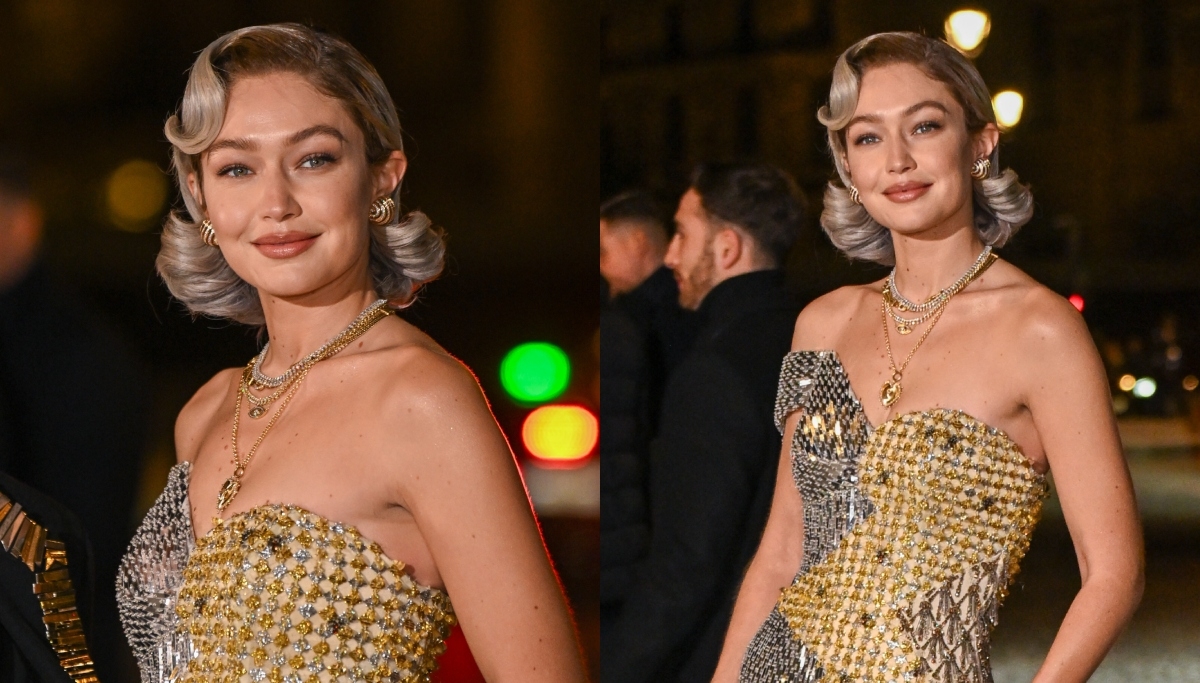 Gigi Hadid Wears Three Moschino Dresses in One at at the Louvre's Grand Fashion Dinner