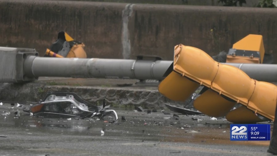 Multi-car crash in Holyoke damages traffic light, parked cars
