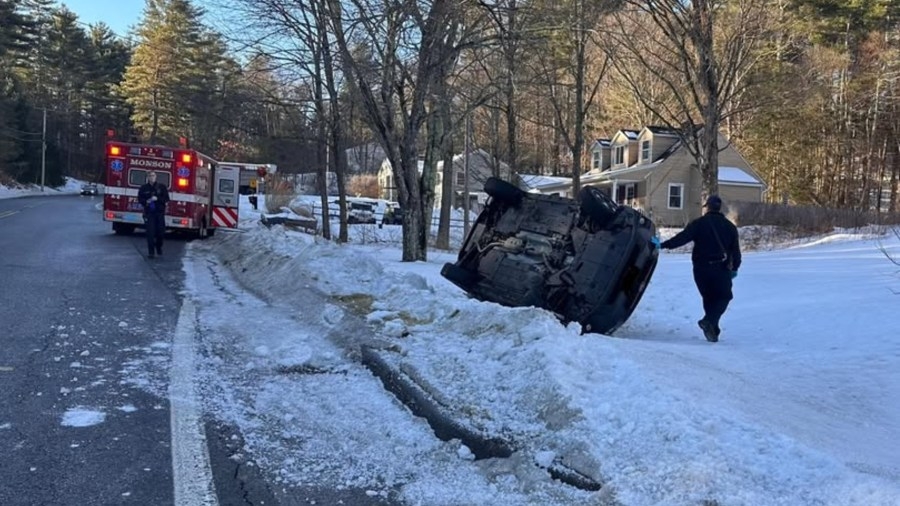Icy road causes rollover crash on Route 32 in Monson