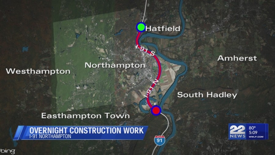 Nightly closures on I-91 in Northampton due to bridge work