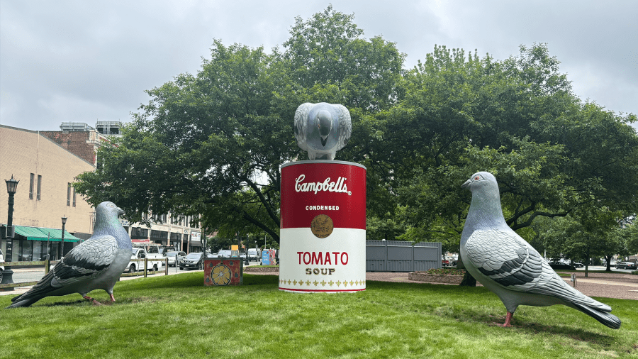 Giant pigeons and Campbell's tomato soup can displayed in Springfield