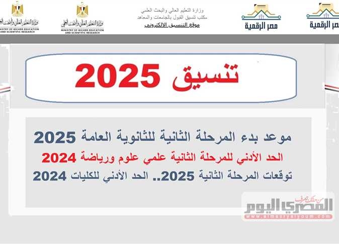 موعد تنسيق الثانوية العامة المرحلة الثانية 2025.. الحد الأدني ومؤشرات كليات 2024 (علمي)