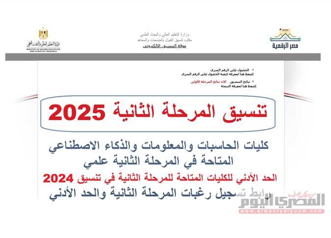 تنسيق المرحلة الثانية 2025.. توقعات كليات حاسبات وذكاء اصطناعي (الحد الأدنى 2024)