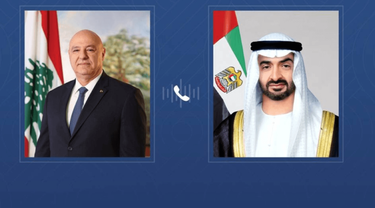 الرئيس الإماراتي واللبناني يؤكدان ضرورة الدفع تجاه مسار السلام لمصلحة جميع شعوب المنطقة وتنمية دولها