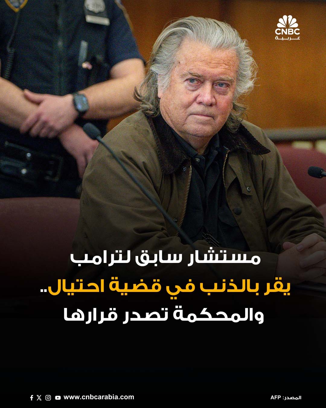 المستشار السابق للرئيس دونالد ترامب في البيت الأبيض، ستيف بانون، أقر بالذنب في نيويورك فيما يتعلق بعملية احتيال استهدفت أنصار ترامب الذين تبرعوا بأكثر من 15 مليون دولار لمشروع مزعوم لبناء جدار على الحدود الأميركية مع المكسيك