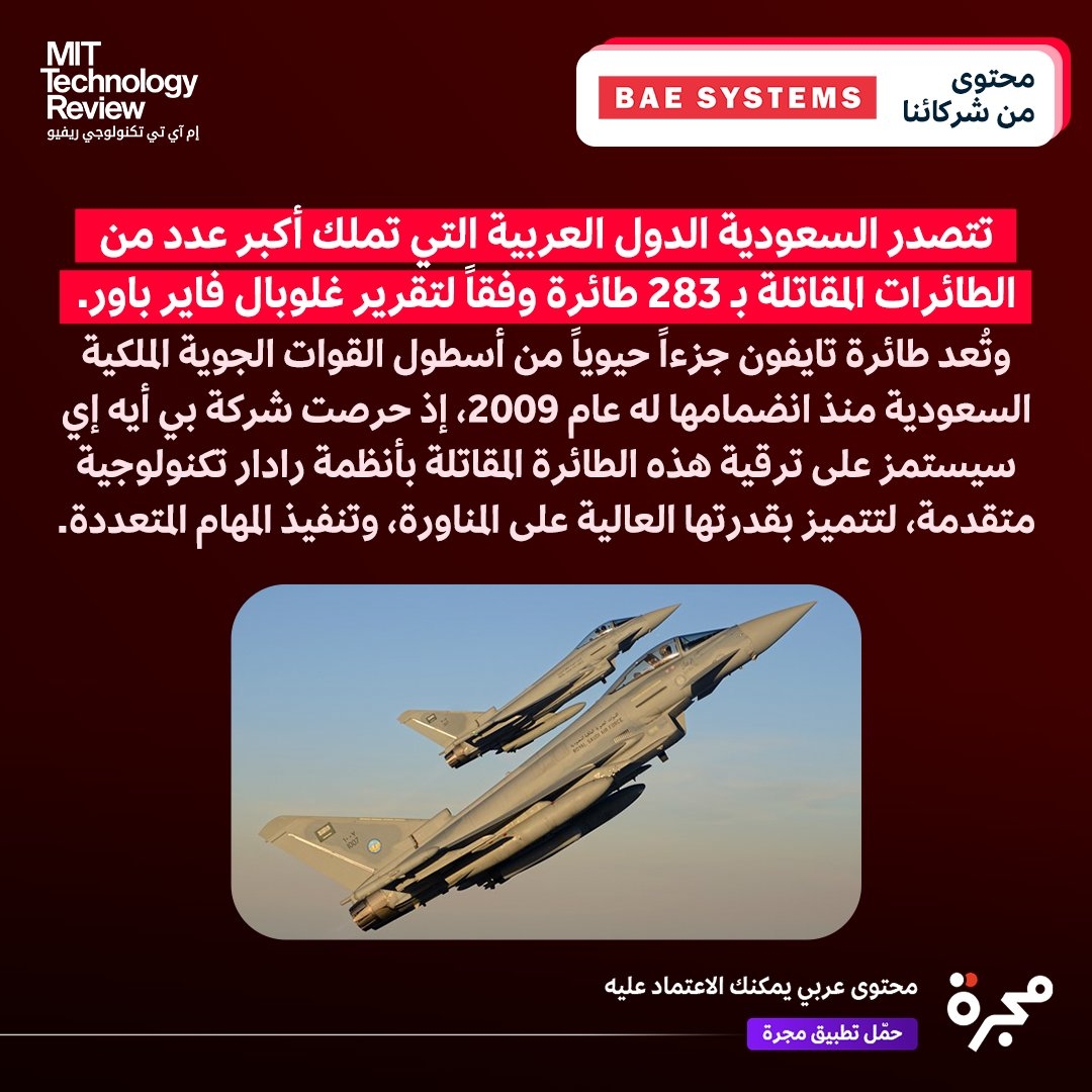 محتوى من شركائنا: تتصدر السعودية الدول العربية التي تملك أكبر عدد من الطائرات المقاتلة ب 283 طائرة وفقاً لتقرير غلوبال فاير باور. وتُعد طائرة تايفون جزءاً حيوياً من أسطول القوات الجوية الملكية السعودية منذ انضمامها له عام 2009، إذ حرصت شركة بي أيه إي سيستمز على ترقية هذه الطائرة المقاتلة بأنظمة رادار تكنولوجية متقدمة، لتتميز بقدرتها العالية على المناورة، وتنفيذ المهام المتعددة