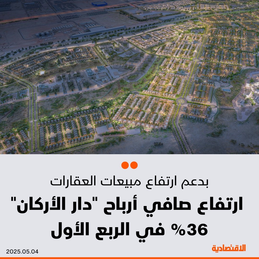 سجلت شركة #دار_الأركان للتطوير العقاري والمدرجة في السوق السعودية صافي ربح قدره 209 ملايين ريال خلال الربع الأول بارتفاع 36% على أساس سنوي وذلك نتيجة لارتفاع مبيعات العقارات، وفق بيان للشركة على موقع تداول