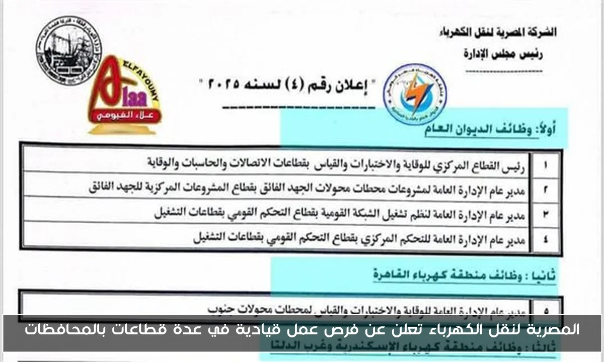 المصرية لنقل الكهرباء تعلن عن فرص عمل قيادية في عدة قطاعات بالمحافظات