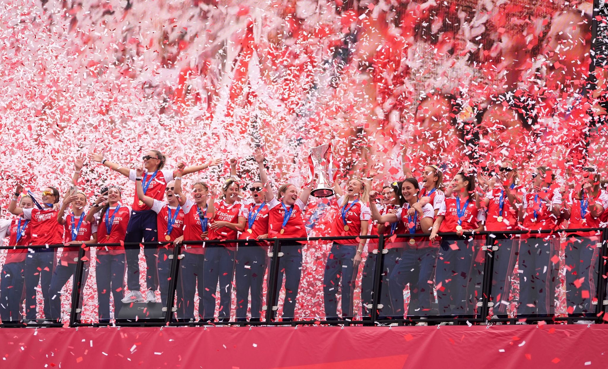 Liverpool, Crystal Palace and Arsenal Women parade trophies in front of jubilant fans