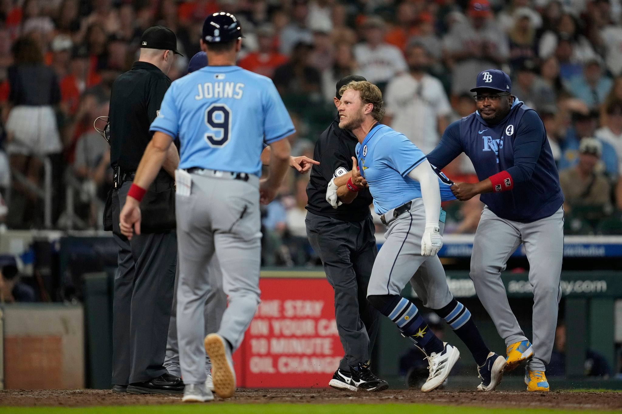 Taylor Walls ejected, has to be restrained in heated argument during Rays' 1-0 loss to Houston