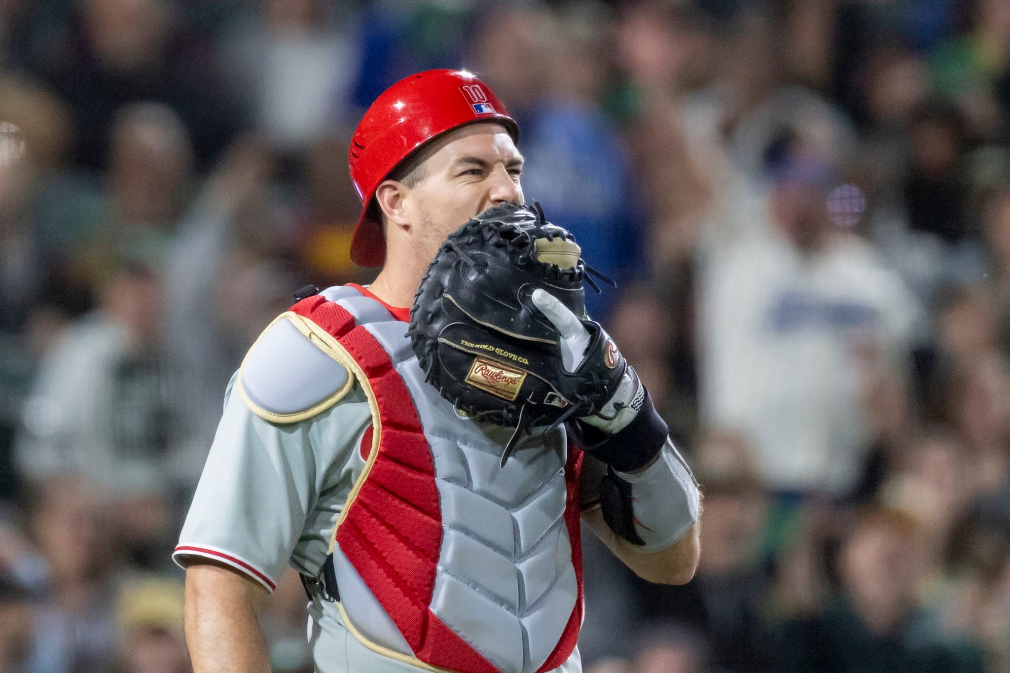 Phillies catcher J.T. Realmuto leaves game after being hit in area of protective cup by foul tip