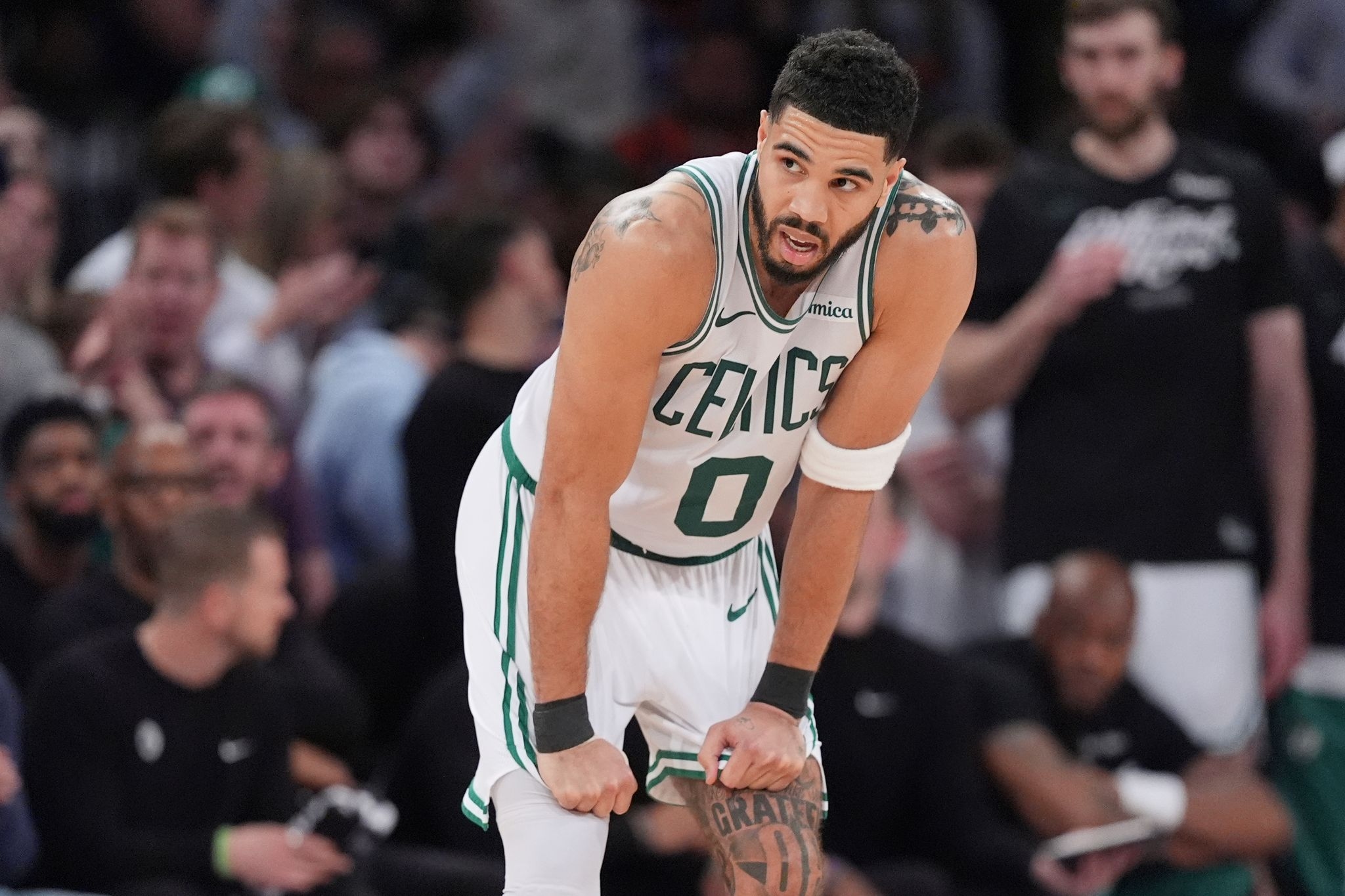 Celtics forward Jayson Tatum seen without boot or brace at Patriots training camp
