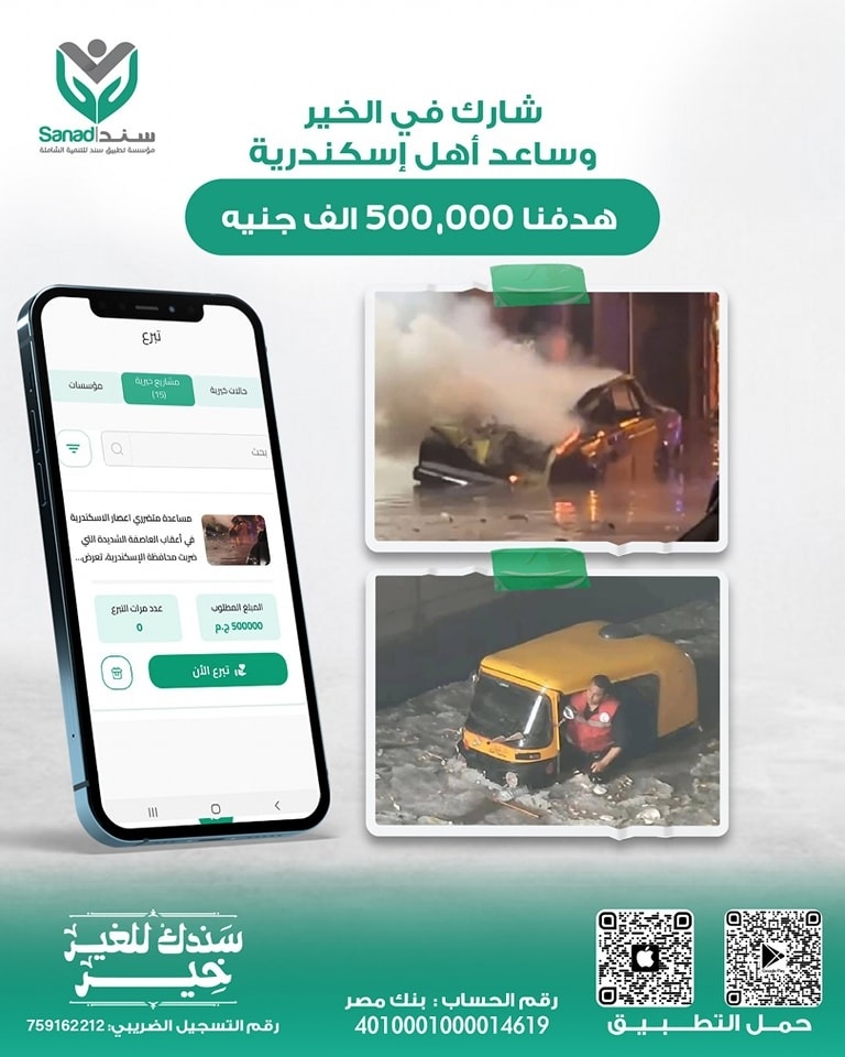 'مؤسسة تطبيق سند' تطلق مبادرة لجمع 500 ألف جنيه لإغاثة المتضررين من عاصفة الإسكندرية
