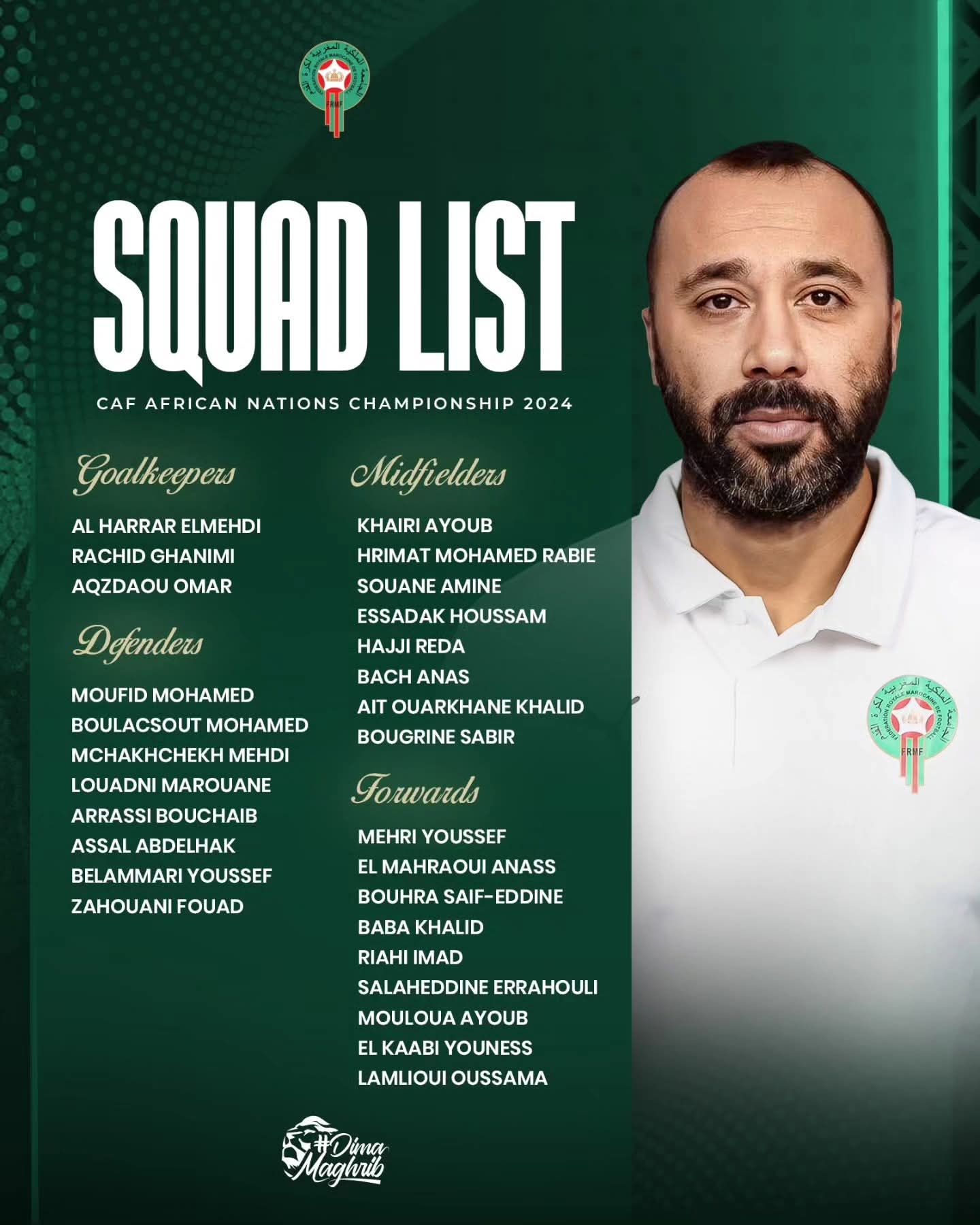 اللائحة الرسمية لمنتخب المغرب المحلي للمشاركة في كأس أمم إفريقيا للمحليين 'الشان' 2024