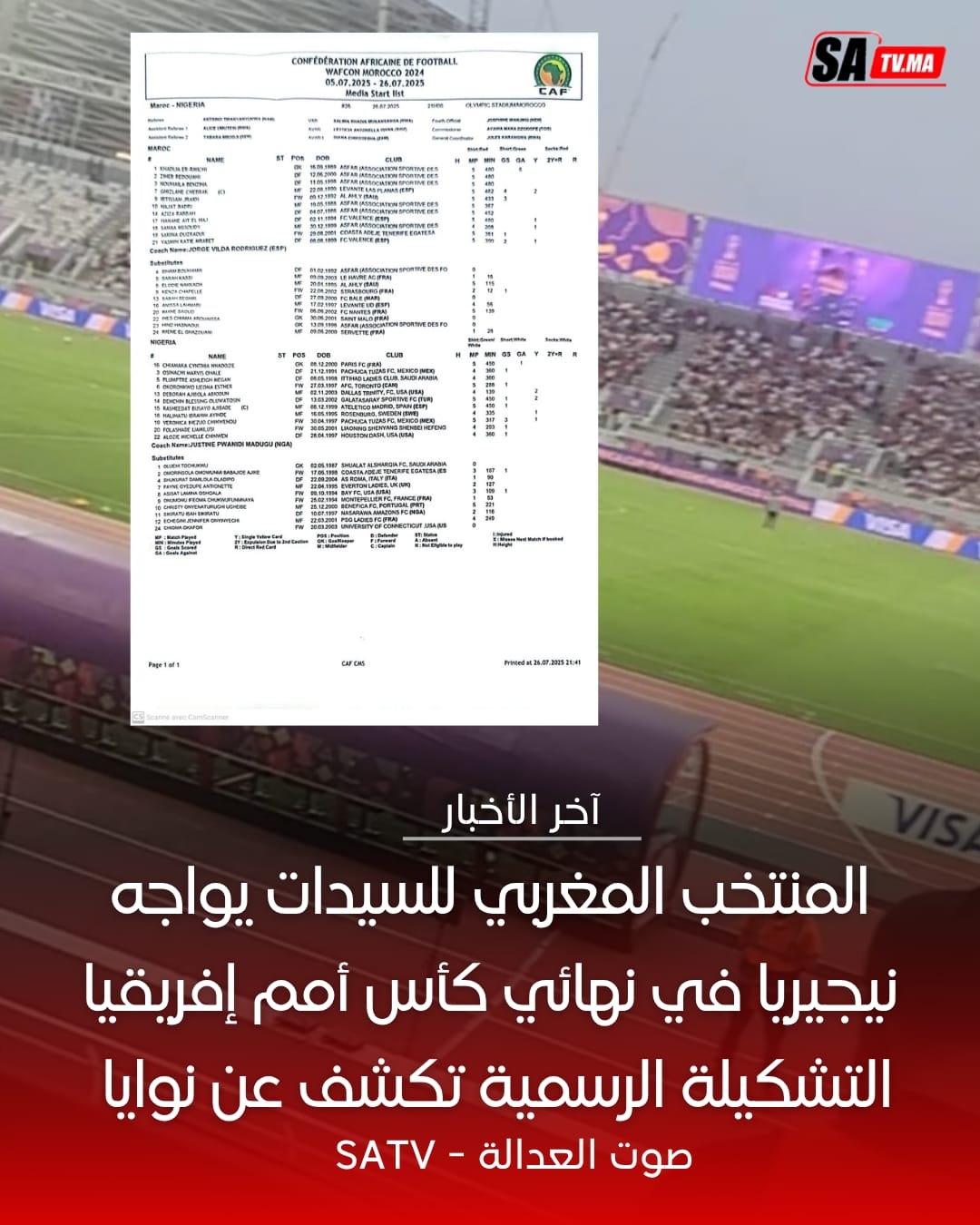 المنتخب المغربي للسيدات يواجه نيجيريا في نهائي كأس أمم إفريقيا – التشكيلة الرسمية تكشف عن نوايا هجومية