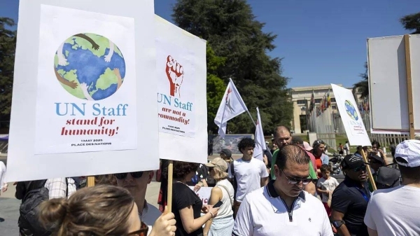 Almost 500 staff protest against UN budget cuts as US scales back humanitarian funds