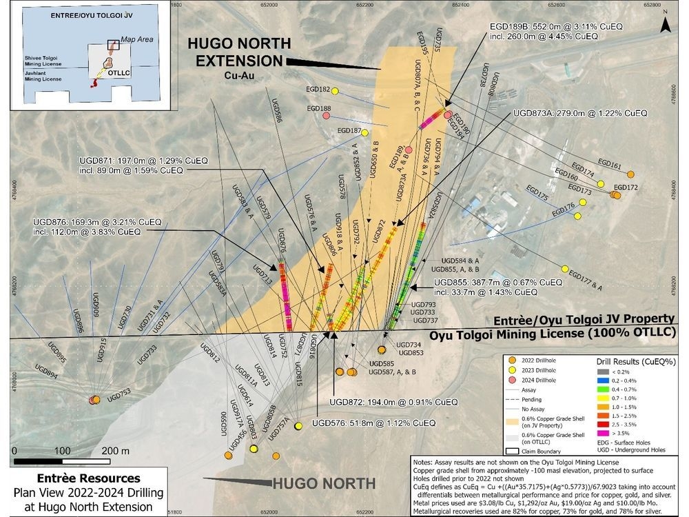 Entrée Resources Announces Drill Results from Hugo North Extension, Including 260 Metres Grading 4.45% CuEq