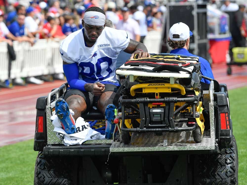 Bills WR Shavers carted off with ankle injury; LB Bernard, WR Samuel sidelined with hamstring issues