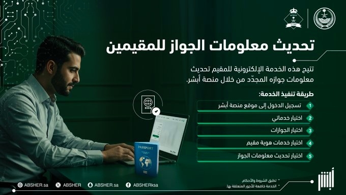 أبشر تتيح للمقيمين تحديث معلومات الجواز إلكترونيًا