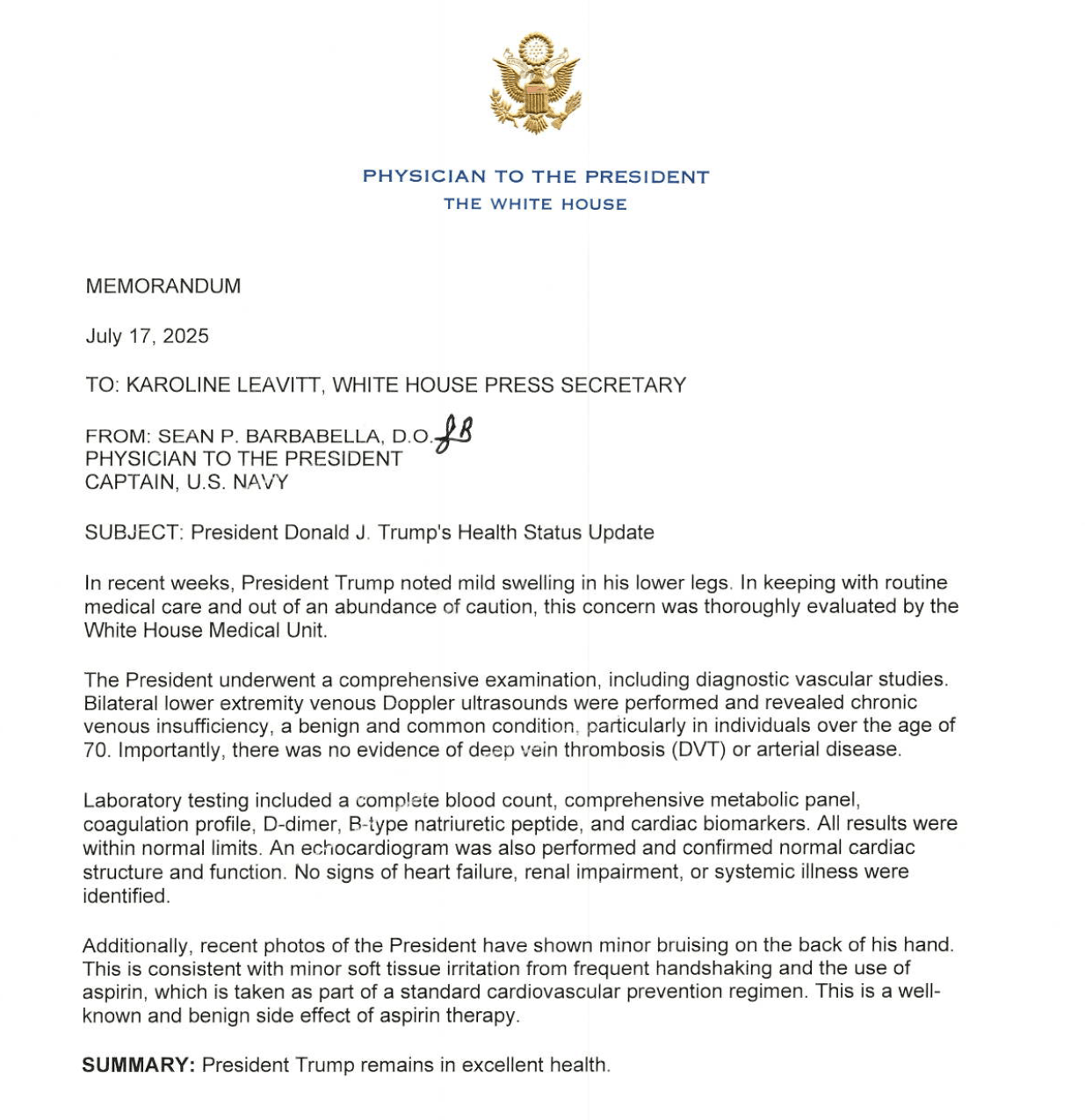 Read the White House Physician's Letter