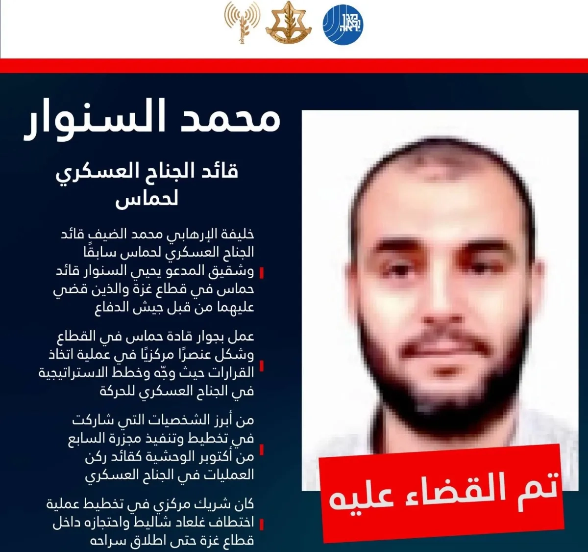 الجيش الإسرائيلي يؤكد قتل محمد السنوار... ويتوعد عز الدين الحداد وخليل الحية