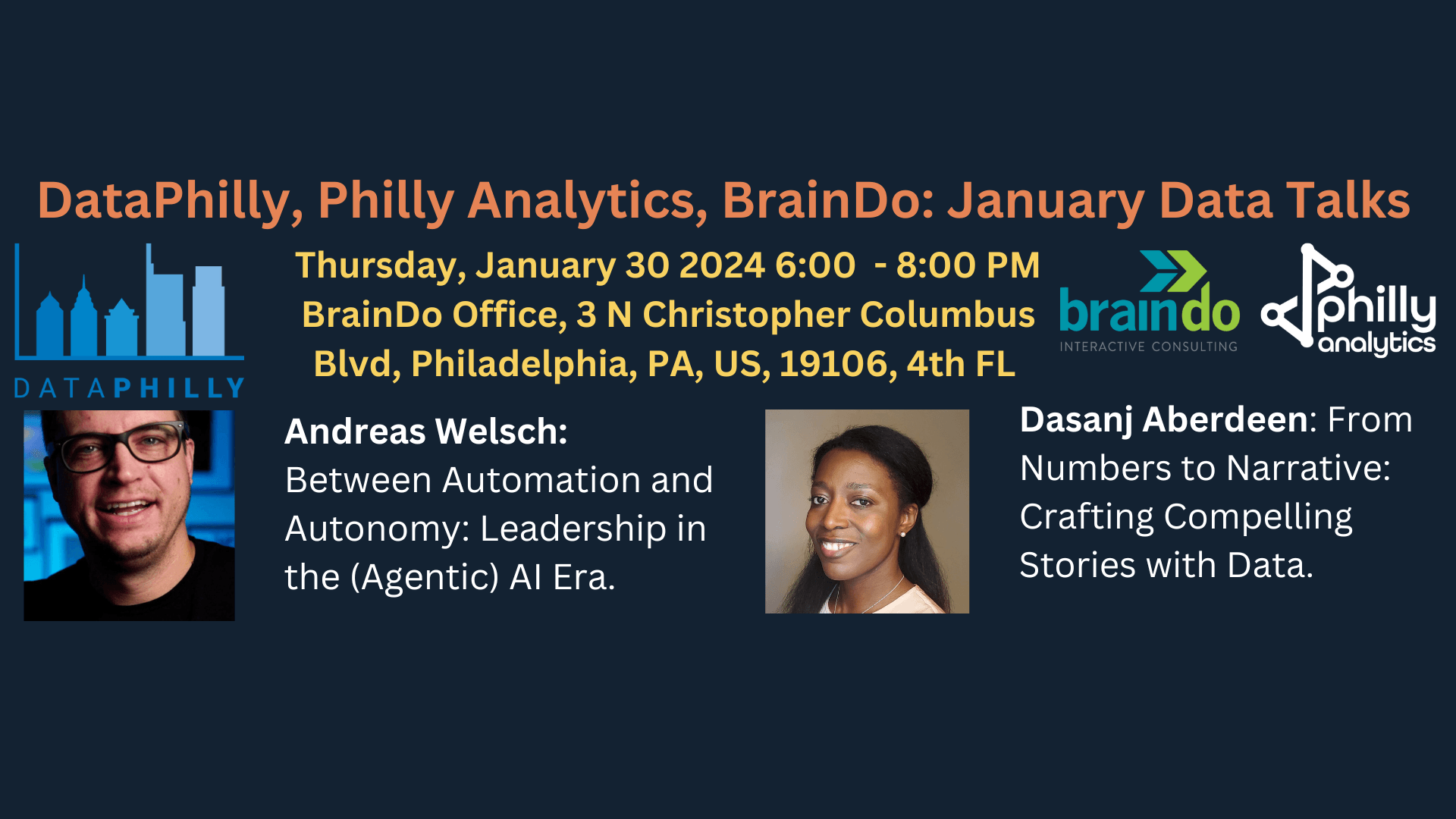 DataPhilly talks in collaboration with BrainDo: Leadership in the (Agentic) AI Era and how to craft compelling stories with data.