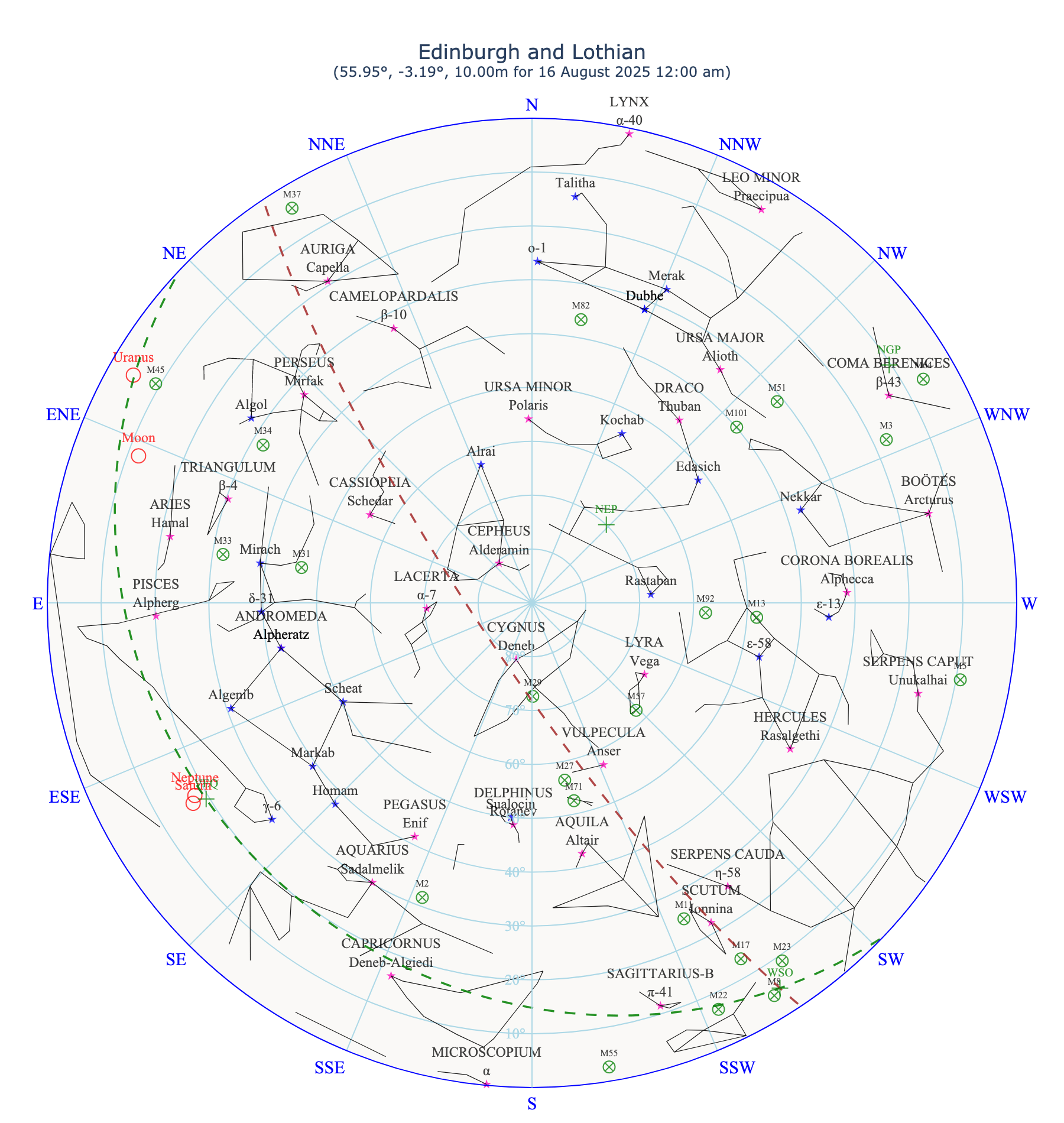 The astronomical sky over Edinburgh and Lothians in August