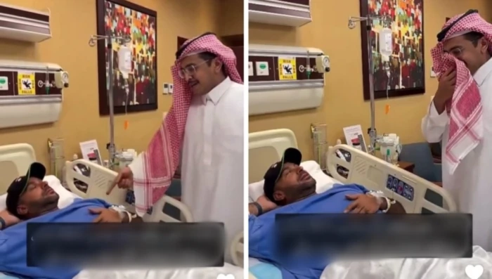 شاهد.. الدريم يمسح دموعه بالشماغ أثناء زيارته يزيد الراجحي داخل مستشفى بالرياض