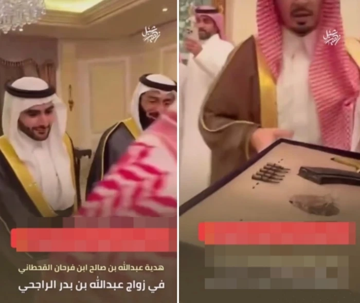 شاعر يفاجئ نجل "بدر الراجحي" بإهدائه رشاش و5 رصاصات بمناسبة زواجه.. شاهد: ردة فعل والد العريس