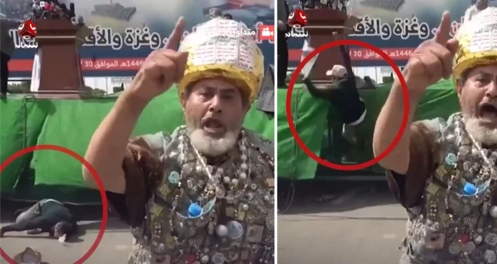 شاهد.. لحظة سقوط مصور قناة الميادين من منصة في صنعاء خلال مهرجان للحوثي