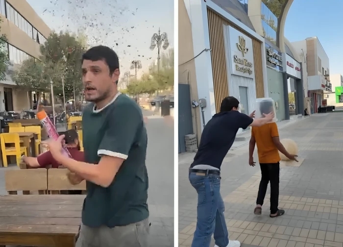 وضع سطل ماء على عامل وقذف مفرقعات ورقية على آخر..  بالفيديو: صانع محتوى على 'تيك توك' يثير الغضب بمقالب مستفزة في شوارع الرياض