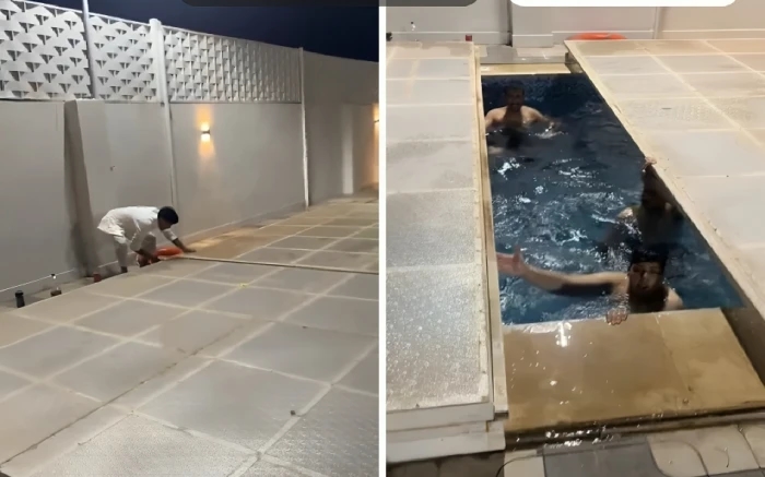 مزحة خطيرة .. بالفيديو: شاب يغلق غطاء المسبح على أصدقائه أثناء وجودهم بداخله