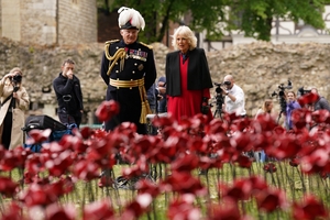 Queen Camilla visits poppy memorial for Victory in Europe Day celebrations
