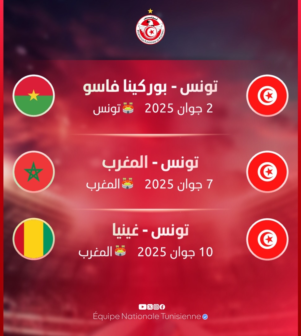 المنتخب التونسي يواجه بوركينا فاسو والمغرب وغينيا وديًا في إطار التحضير لتصفيات المونديال