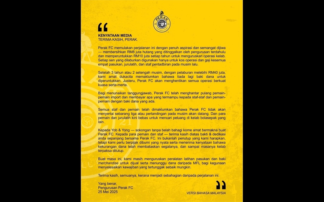 Perak FC Ceases Operation