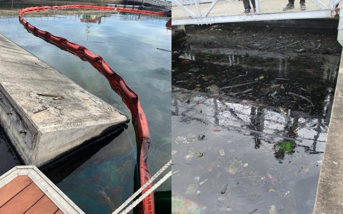 DOE, Labuan Corporation And Marine Dept Investigate Oil Spill At Marina Jetty