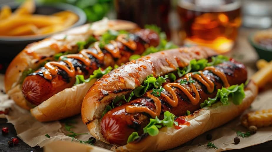 Grilled Bratwurst rolls with spicy mustard drizzle