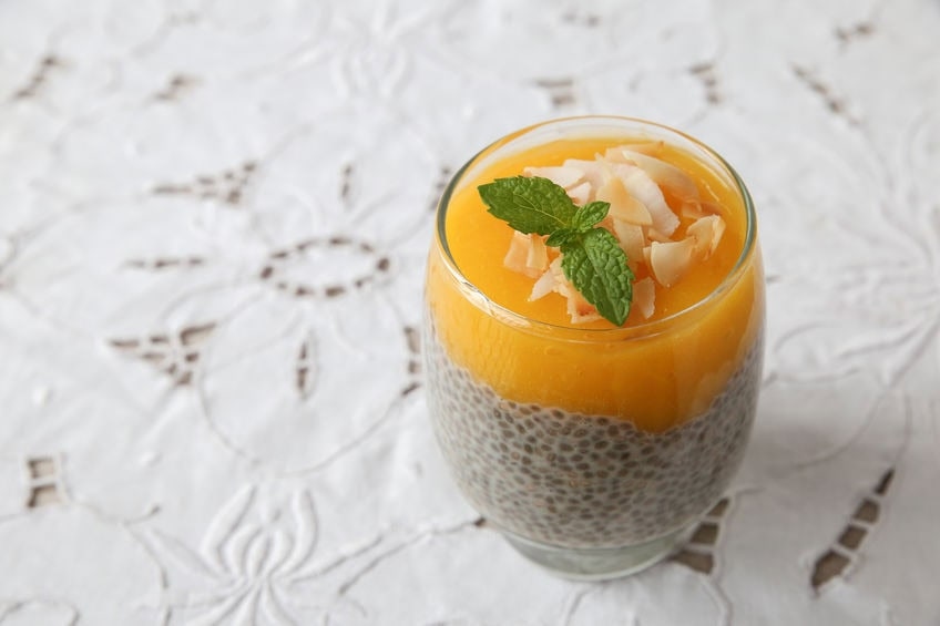 Chia Seed dessert with mango and coconut flakes