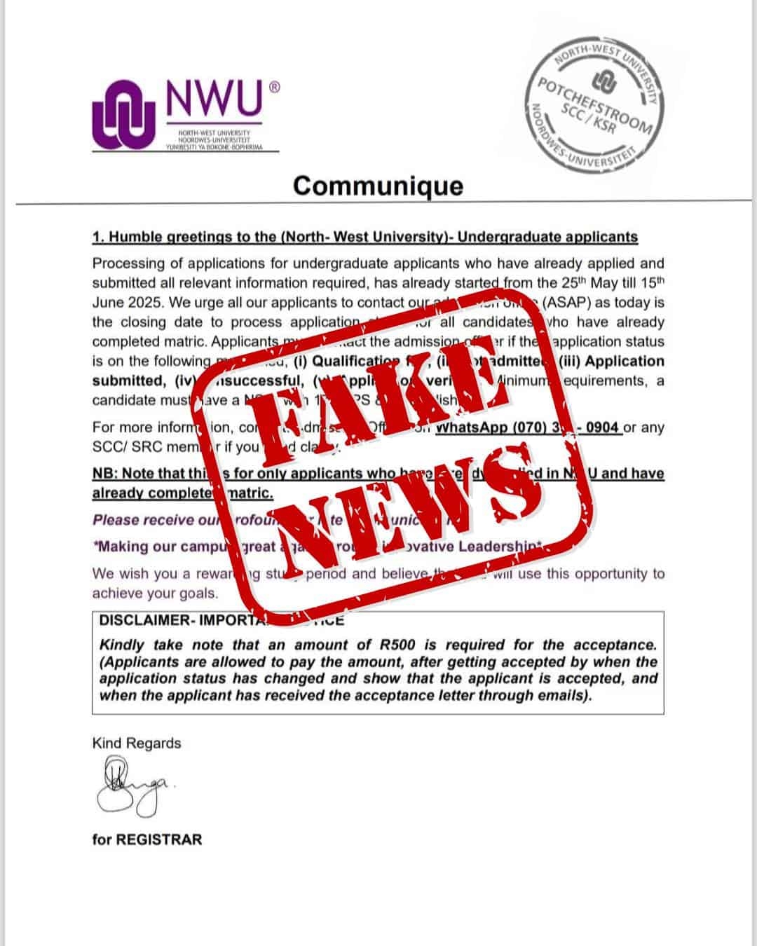 NWU warns students of admissions fraud