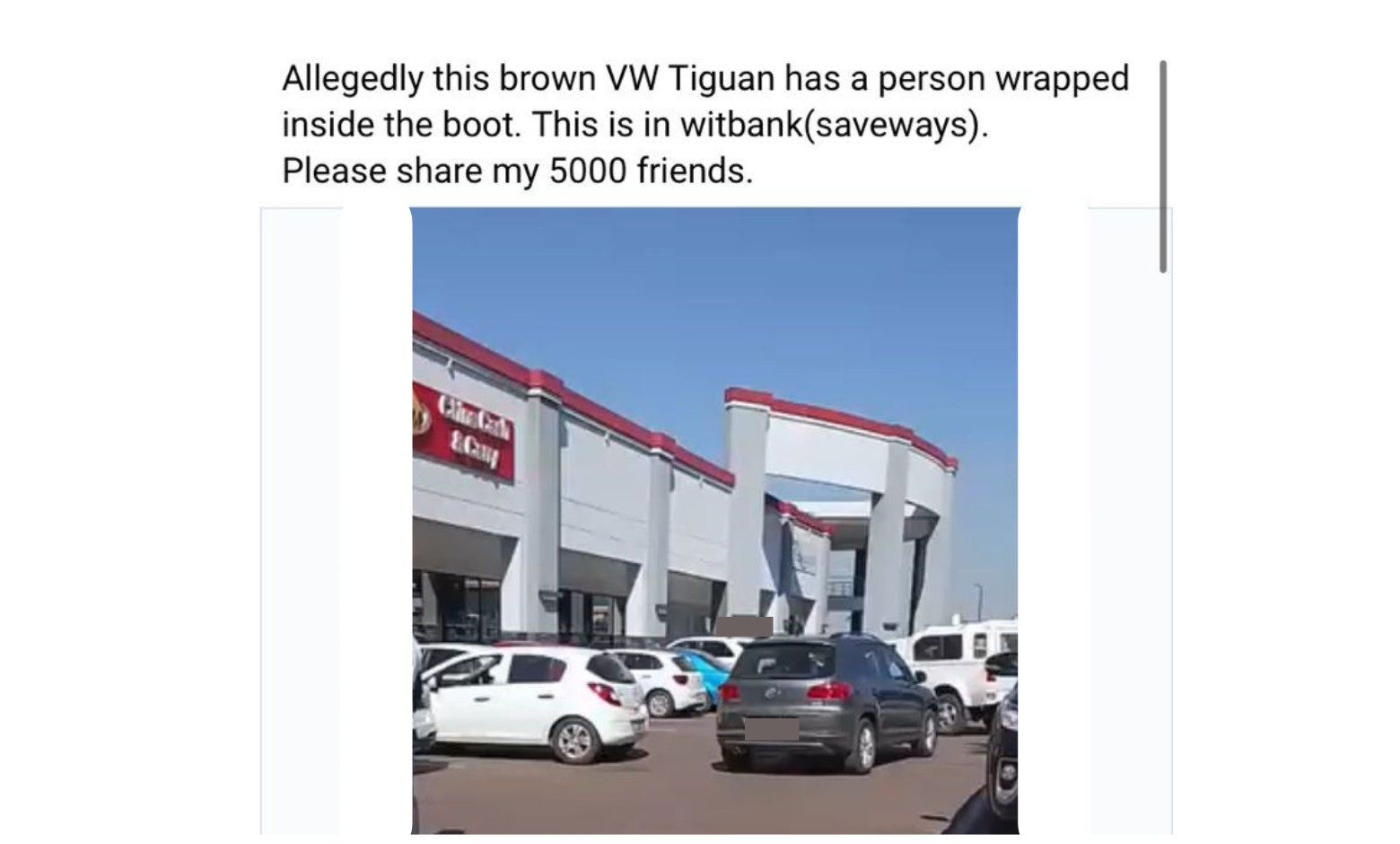Faceboook is buzzing after post of person allegedly wrapped up in the boot of a car in eMalahleni