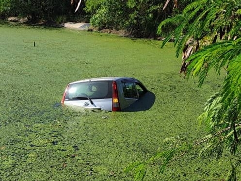 Car ends up in sewage pond in Likas