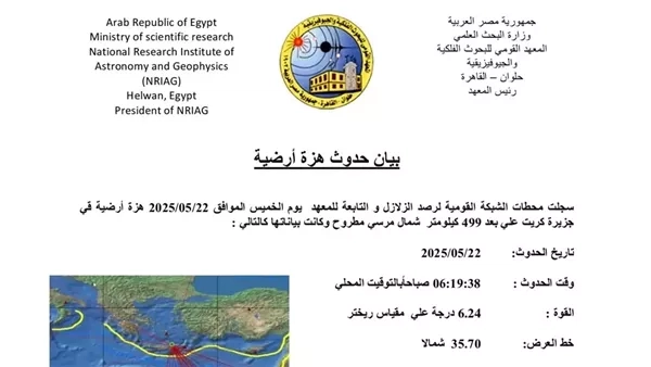 معهد الفلك يكشف تفاصيل زلزال مصر اليوم