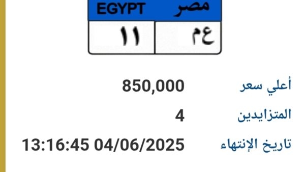 سعرها 800 ألف جنيه.. مزاد على لوحة سيارة مميزة "ع م-11"